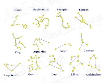 May include: A white background with a blue outline of the 12 zodiac constellations. Each constellation is made up of yellow stars. The names of each constellation are written in blue below the constellation.