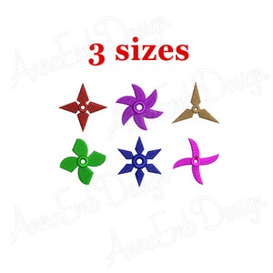 May include: Six different colored embroidery designs of throwing stars, also known as shurikens. The designs are in red, purple, brown, green, blue, and pink. The text "3 sizes" is above the designs.