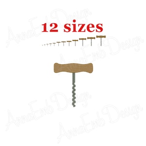 May include: A collection of wine corkscrews in various sizes. The image features a large corkscrew with a wooden handle and a metal screw, along with 11 smaller versions. The text "12 sizes" is displayed in red.