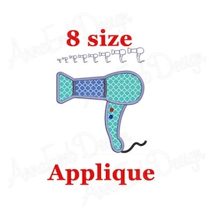 May include: A teal and blue hair dryer applique design with the text "8 size" and "Applique" in red. The hair dryer has a patterned design and a black cord. There are also small hair dryer outlines above the main image.
