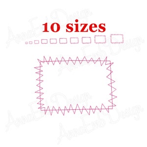 May include: A digital embroidery design of a rectangular frame with a zig-zag border. The design is available in 10 sizes.