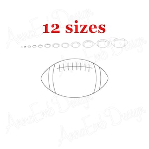 May include: A black and white outline of a football in 12 different sizes. The text "12 sizes" is in red.