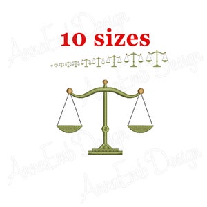 May include: Green scale of justice embroidery design with 10 sizes included. The design features a traditional scale with two bowls and a central stand.