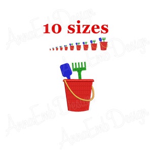 May include: Red plastic bucket with a blue shovel and green rake. The image shows 10 different sizes of the bucket and tools.