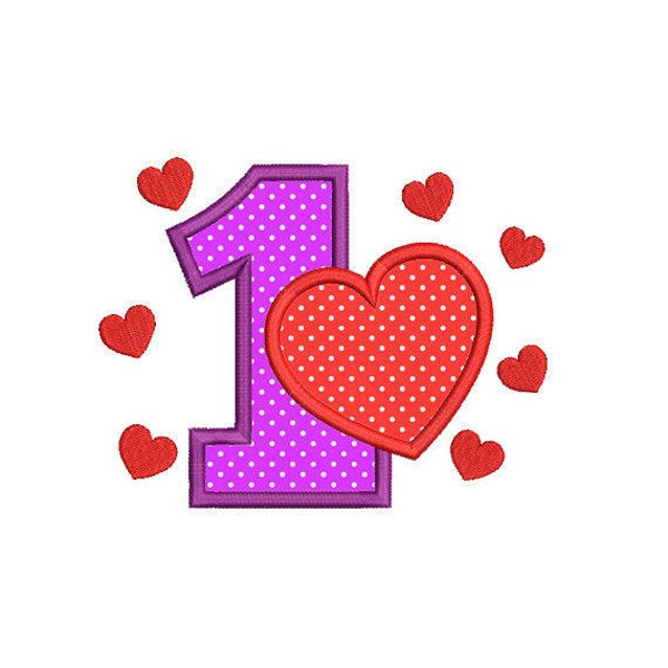 Heart with number 1 applique Machine Embroidery Design. Number 1 Birthday. My 1st birthday. Number One Birthday. Heart Embroidery Design.
