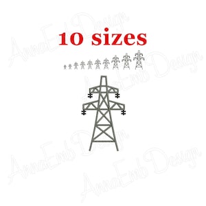 May include: A set of 10 embroidery designs of an electric power tower in various sizes. The tower is gray and has a simple design.