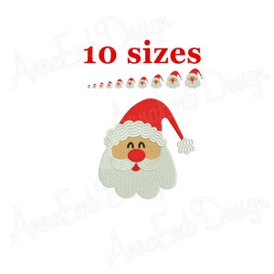 May include: A red and white Santa Claus head embroidery design with 10 different sizes. The design features a white beard, red nose, and closed eyes.