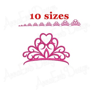 May include: Pink heart-shaped crown embroidery design with 10 different sizes.  The design is perfect for adding a touch of royalty to any project.