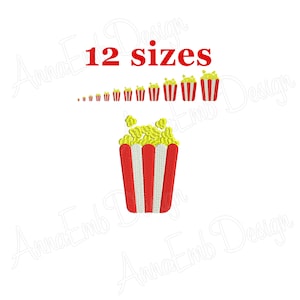 Puede incluir: Un cubo de palomitas de maíz a rayas rojas y blancas con palomitas de maíz amarillas en su interior. El texto "12 tamaños" está por encima del cubo.