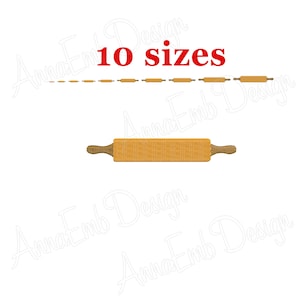 May include: A brown wooden rolling pin with handles. The text "10 sizes" is in red above the rolling pin.