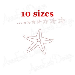 Pode incluir: Um desenho de linha de uma estrela do mar em vermelho. A imagem inclui o texto "10 tamanhos" em vermelho.