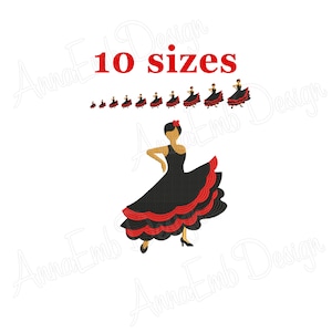 May include: A digital embroidery design of a flamenco dancer in a black dress with red ruffles. The design comes in 10 sizes.