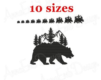 May include: Black silhouette of a bear with a mountain range and trees on its back. The image includes the text "10 sizes".