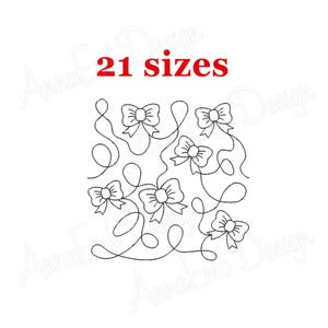 May include: A white background features a repeating pattern of black embroidered bows connected by flowing lines. The text "21 sizes" is in red at the top. The design is likely for embroidery or quilting.