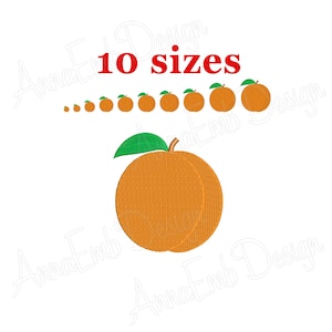 Könnte beinhalten: Ein orangefarbenes Stickdesign mit einem grünen Blatt und Stiel. Das Bild zeigt 10 Größen des Designs, mit dem Text "10 Größen" in Rot über den Designs. Das Design ist eine Pfirsich- oder Orangenfrucht.