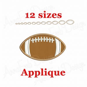 May include: A brown football applique design featuring white laces and white stripes on each end. The image includes the text 12 sizes and Applique, with a horizontal row of twelve small football outlines showing the available size variations.