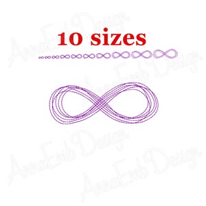 May include: Purple infinity symbol embroidery design with 10 different sizes. The design is perfect for creating unique and personalized projects.
