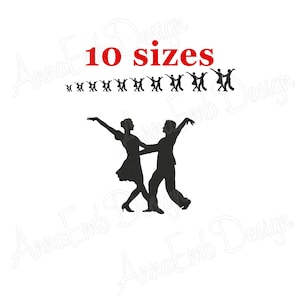 May include: Silhouette of a couple dancing, with the text "10 sizes" above them. The image is in black and white.