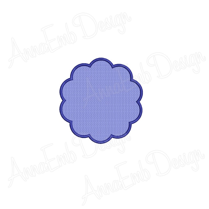 May include: A blue, flower-shaped embroidery design with a scalloped edge.