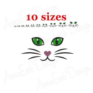 May include: A white cat face design with green eyes, a pink heart-shaped nose, and black whiskers. The text "10 sizes" is above the cat face, with a row of smaller cat faces.