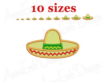 May include: A set of 10 embroidery designs of a traditional Mexican sombrero hat in various sizes. The hat is brown with a green and yellow band and a red trim.