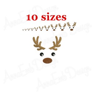 May include: Reindeer face embroidery design with 10 different sizes. The design features brown antlers, white eyes, and a brown nose.