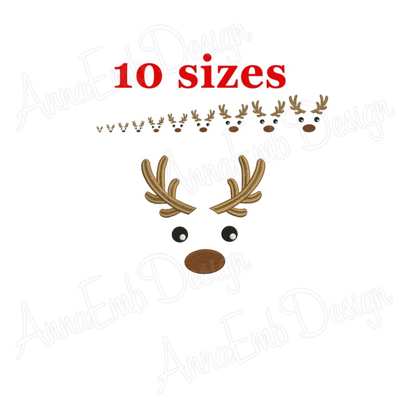 May include: Reindeer face embroidery design with 10 different sizes. The design features brown antlers, white eyes, and a brown nose.
