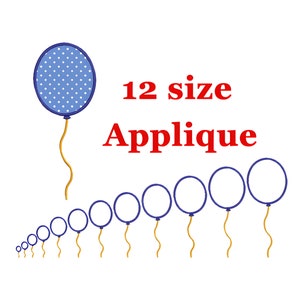 Könnte beinhalten: Grafik mit einem blauen Ballon mit weißen Punkten und einer goldenen Schnur sowie 11 weiteren blauen Ballons mit goldenen Schnüren. Der Text "12 size Applique" ist rot.