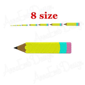 May include: A yellow pencil with a pink and blue eraser. The pencil is shown in eight different sizes. The text "8 size" is written in red above the pencils.