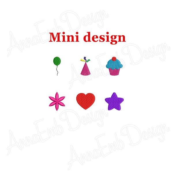 Birthday Embroidery Design. Birthday mini. Machine embroidery design. Balloon Birthday hat Cupcake Flower Heart Star
