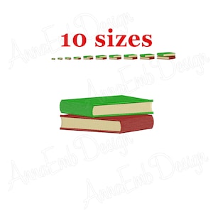 May include: An embroidery design of two stacked books, one green and one red, with the text "10 sizes" above the books.
