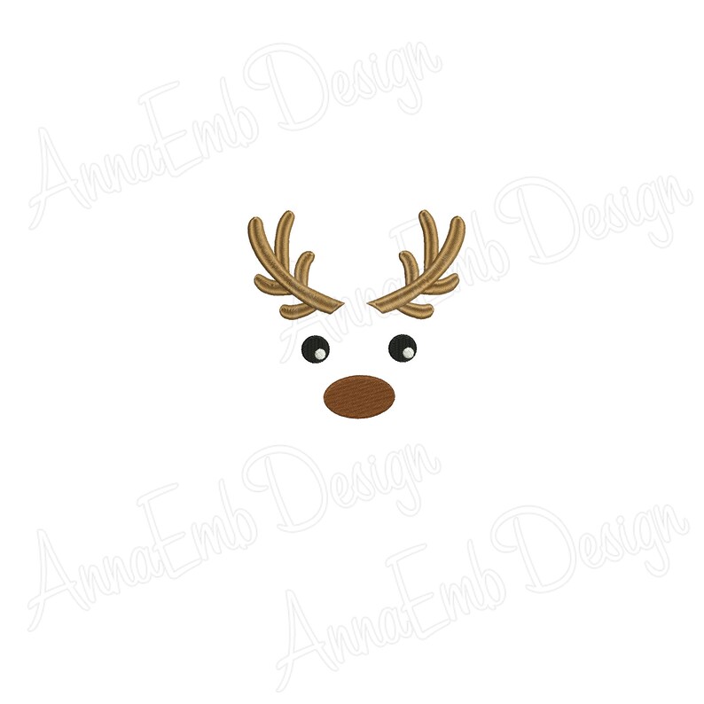 May include: A simple embroidery design of a reindeer face with brown antlers, brown nose, and black eyes.