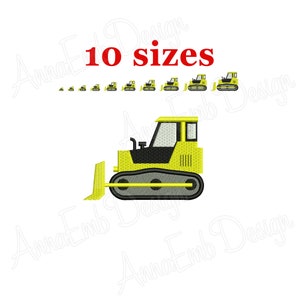 May include: A yellow bulldozer with black details, shown in 10 different sizes. The bulldozer is a construction vehicle with a large blade in the front and tracks.