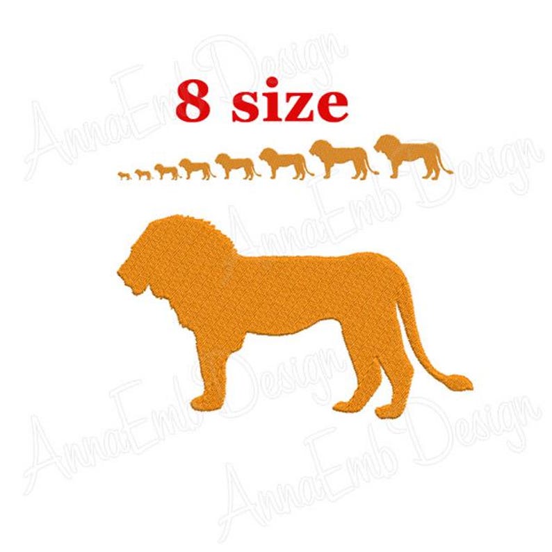 May include: An embroidery design of a lion in eight different sizes. The lion is a silhouette in a solid orange color.