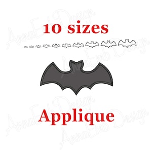 May include: A black bat applique embroidery design in 10 sizes. The design is shown in a single size with the text "10 sizes" above it and the text "Applique" below it.