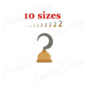 May include: A grey and brown pirate hook embroidery design. The design is available in 10 sizes.