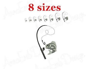 Fishing Pole Embroidery Design. Fish and Hook. Mini Fishing Pole Embroidery Design. Fish Embroidery Design. Father&#39;s Day. Machine Embroidery