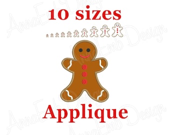Peut inclure: Modèle de broderie d'applique en forme d'homme en pain d'épices en 10 tailles. Le motif représente un homme en pain d'épices brun avec un glaçage blanc et des boutons rouges. Le texte "10 tailles" et "Applique" est en rouge.