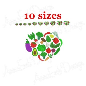 May include: Embroidered design of a heart made of various vegetables, including aubergine, avocado, broccoli, red pepper, and garlic. The design is in green, red, purple, and white. The text "10 sizes" is above the heart.