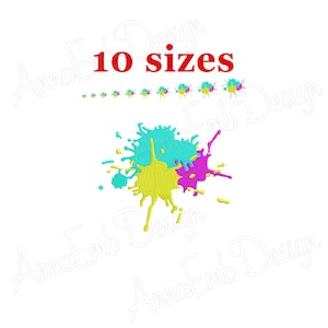 May include: A digital embroidery design of a colorful paint splatter in yellow, blue, and pink. The design is available in 10 sizes.
