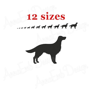 May include: Black silhouette of a dog in 12 different sizes. The dog is standing on all four legs with its head turned to the side. The text "12 sizes" is written in red above the dog.