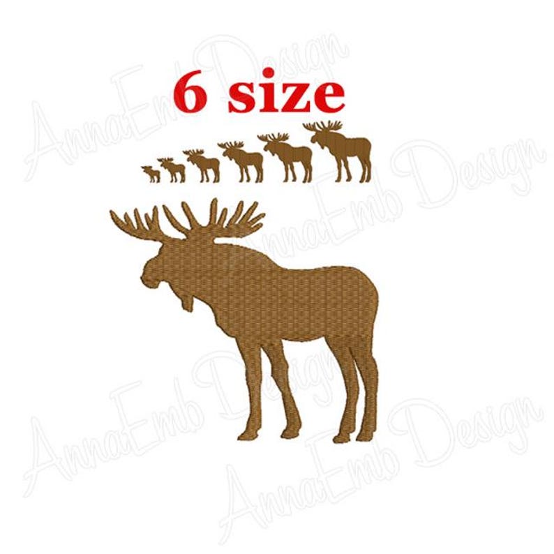 May include: A brown moose silhouette embroidery design in six different sizes. The text "6 size" is in red.