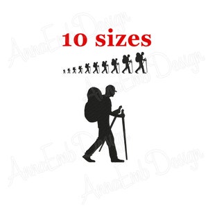 May include: Black silhouette of a hiker with a backpack and walking sticks. The image includes 10 sizes of the hiker silhouette.