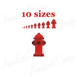 May include: A set of 10 different sized red fire hydrant embroidery designs. The text "10 sizes" is above the designs.
