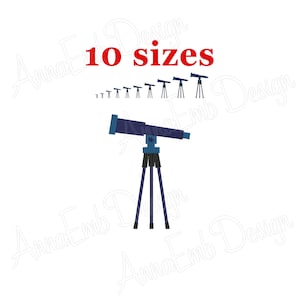 Może przedstawiać: Niebieski teleskop na statywie z 10 różnymi rozmiarami teleskopu pokazanymi na tle. Tekst "10 rozmiarów" jest czerwony.
