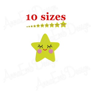 Pode incluir: Uma estrela amarela com um rosto sorridente e olhos fechados. A estrela tem bochechas cor-de-rosa. O texto "10 tamanhos" está acima da estrela.