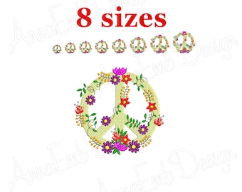 May include: Peace sign embroidery design with a floral wreath in shades of yellow, green, red, pink, and purple. The design is available in 8 sizes.