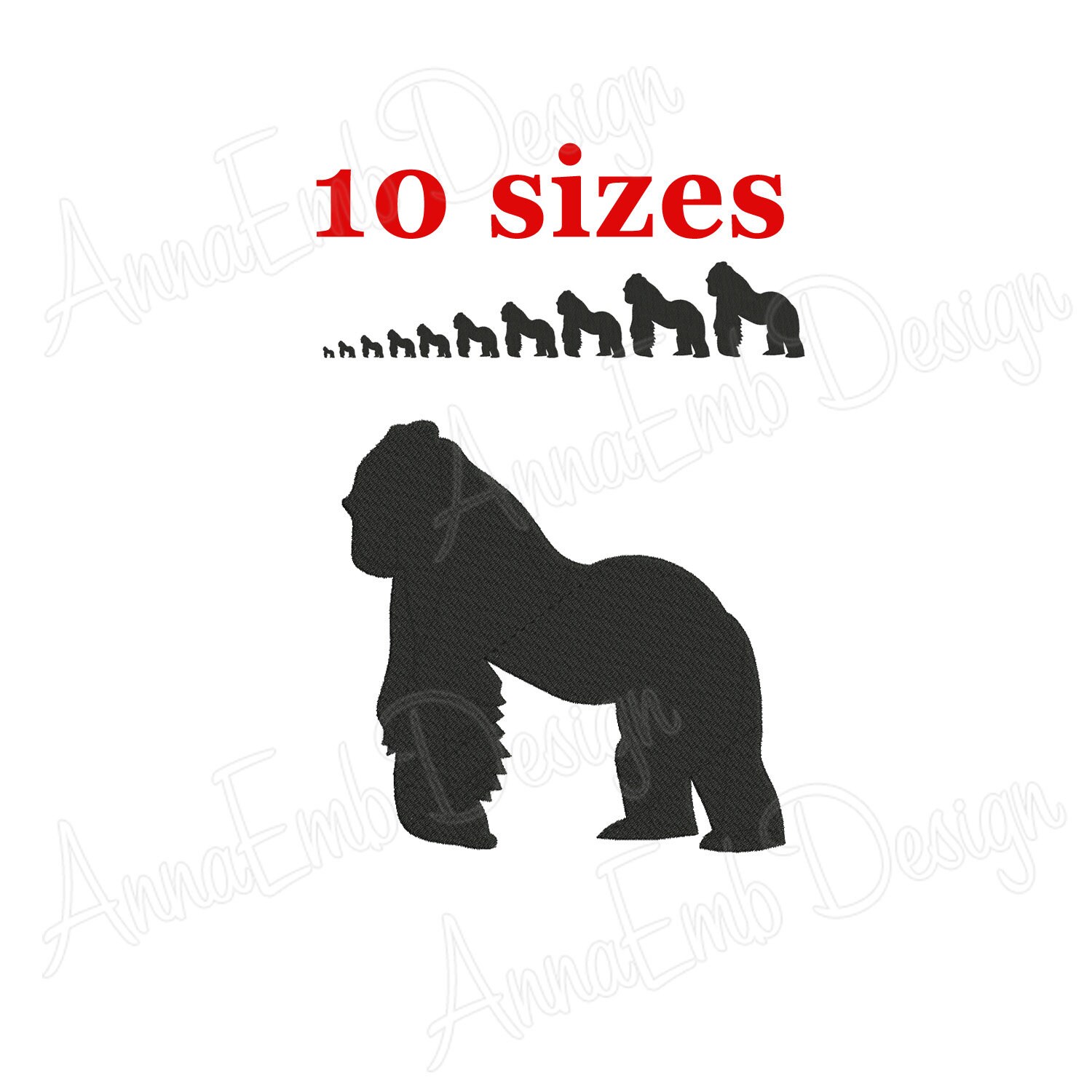 ゴリラの刺繍デザイン。ゴリラのシルエット。ゴリラのミニ刺繍