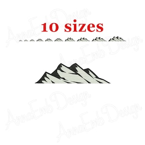 May include: A digital embroidery design of a mountain range in black and white. The design is available in 10 sizes.