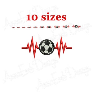 Pode incluir: Linha vermelha de batimento cardíaco com uma bola de futebol no centro. O texto "10 tamanhos" está acima do design.